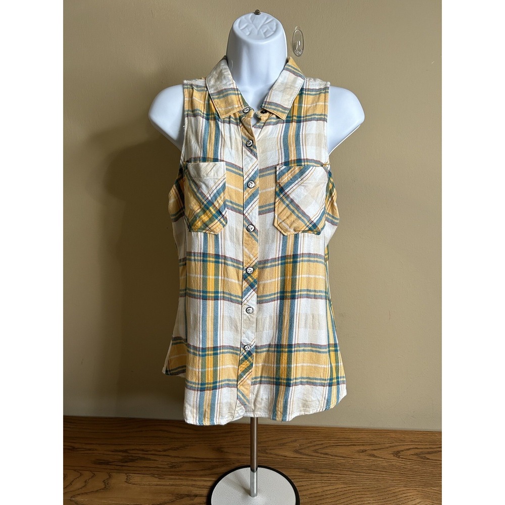 Shyanne yellow plaid sleeveless western top black buttons Size Small
